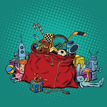 Kids toys, bag with Christmas gifts, pop art retro vector illustration. Holidays and surprises. Toy store