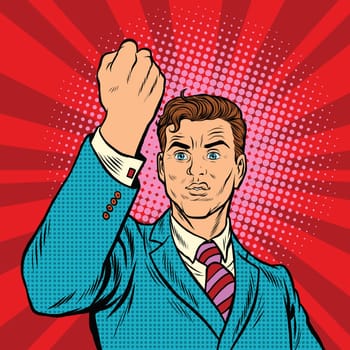 Businessman with fist, pop art protest, retro vector illustration. A symbol of unity