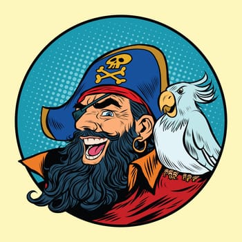 Happy pirate with a parrot on his shoulder, pop art retro vector illustration