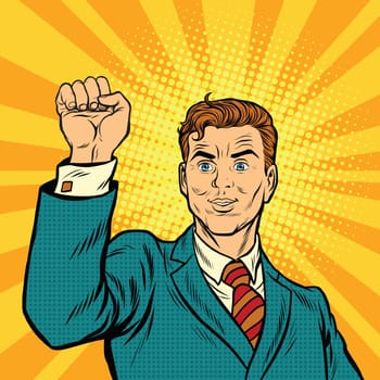 Businessman with fist, pop art protest, retro vector illustration. A symbol of unity