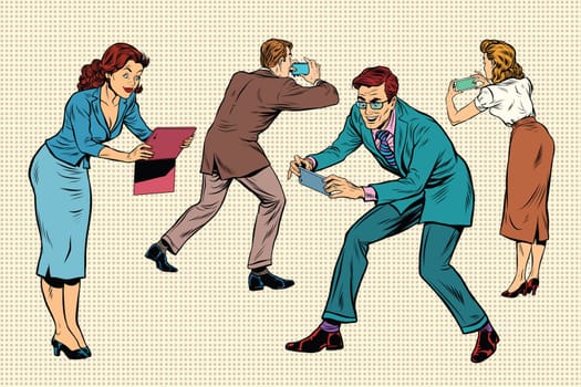 Business people play online games on smartphones and tablets, pop art retro vector illustration. Bloggers and photographers