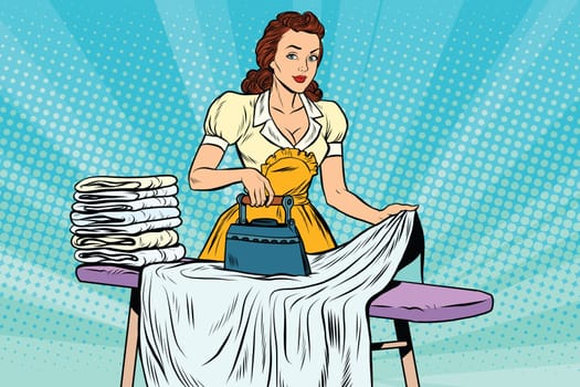 The hotel maid iron irons linen, pop art retro vector illustration. Hotel service and cleaning