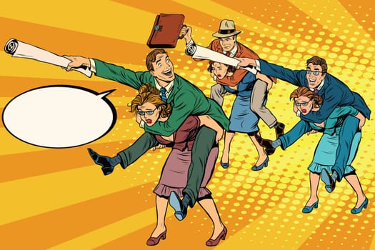 Business people office battle, men riding women, pop art retro vector illustration. Gender inequality