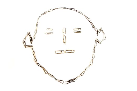 An abstract sketch of a face created with a chain of paper clips, isolated on white