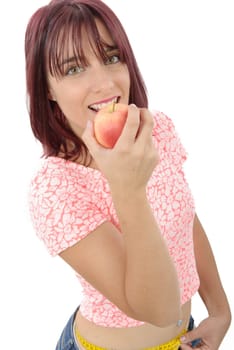 Young woman eating apple, isolated on white background