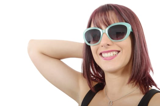 beautiful young redhead woman with sunglasses, on white