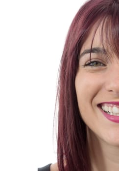 half face of smiling beautiful woman with red hairs, isolated on white background