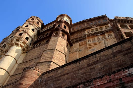Portion of mighty Meharongarh Fort in Jodhpur viewed from bottom, Rajasthan, India, Asia