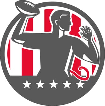 Illustration of a flag football player QB passing ball viewed from the side set inside circle with stars and stripes in the background done in retro style.