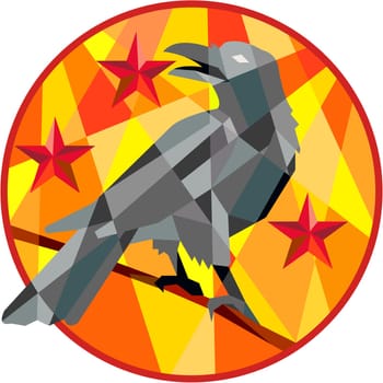 Low polygon style illustration of a crow bird perched on a piece of wood looking back set inside circle with stars in the background. .