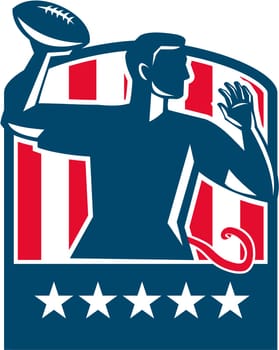 Illustration of a flag football player QB passing ball viewed from the side set inside shield crest with usa american stars and stripes flag in the background done in retro style.
