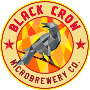 Low polygon style illustration of a crow bird perched on a piece of wood looking back set inside circle with the words Black Crow Microbrewery Co..