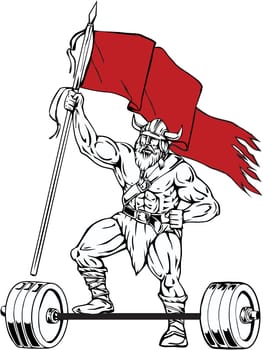 Illustration of a norseman viking warrior raider barbarian with beard wearing horned helmet stepping on barbell waving red flag viewed from front set on isolated white background done in retro style.