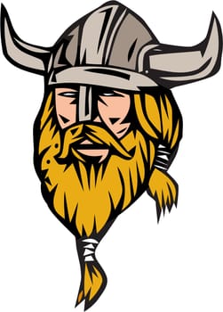 Illustration of a norseman viking warrior raider barbarian head with beard wearing horned helmet viewed from front set on isolated white background done in retro style.