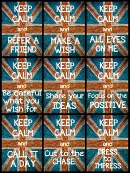 Photo collage of various Keep Calm Messages. United Kingdom (British Union jack) flag, vintage hand drawing with chalk on blackboard, lifestyle concept