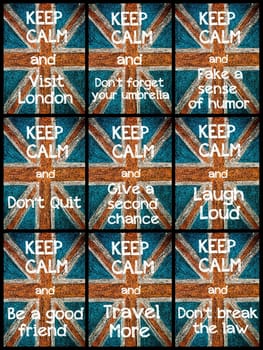 Photo collage of various Keep Calm Messages. United Kingdom (British Union jack) flag, vintage hand drawing with chalk on blackboard, lifestyle concept
