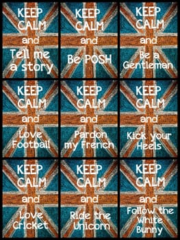 Photo collage of various Keep Calm Messages. United Kingdom (British Union jack) flag, vintage hand drawing with chalk on blackboard, lifestyle concept