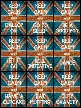 Photo collage of various Keep Calm Messages. United Kingdom (British Union jack) flag, vintage hand drawing with chalk on blackboard, lifestyle concept