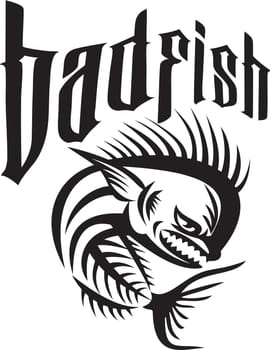 Illustration of a skeleton of an angry dorado dolphin fish mahi-mahi viewed from the side set on isolated white background with the words text badfish done in retro style.