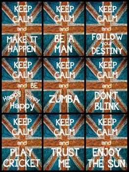 Photo collage of various Keep Calm Messages. United Kingdom (British Union jack) flag, vintage hand drawing with chalk on blackboard, lifestyle concept