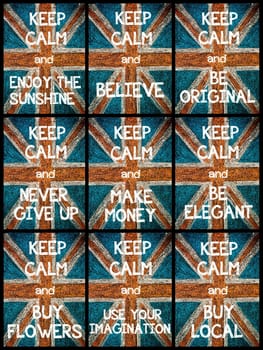 Photo collage of various Keep Calm Messages. United Kingdom (British Union jack) flag, vintage hand drawing with chalk on blackboard, lifestyle concept