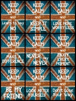 Photo collage of various Keep Calm Messages. United Kingdom (British Union jack) flag, vintage hand drawing with chalk on blackboard, lifestyle concept