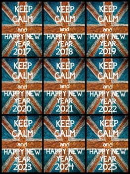 Photo collage of various Keep Calm Messages. United Kingdom (British Union jack) flag, vintage hand drawing with chalk on blackboard, lifestyle concept