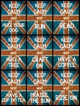 Photo collage of various Keep Calm Messages. United Kingdom (British Union jack) flag, vintage hand drawing with chalk on blackboard, lifestyle concept