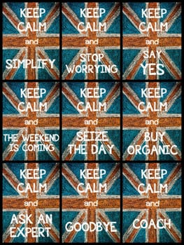 Photo collage of various Keep Calm Messages. United Kingdom (British Union jack) flag, vintage hand drawing with chalk on blackboard, lifestyle concept