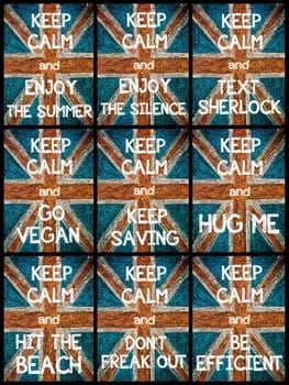 Photo collage of various Keep Calm Messages. United Kingdom (British Union jack) flag, vintage hand drawing with chalk on blackboard, lifestyle concept