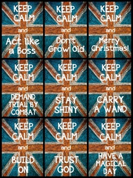 Photo collage of various Keep Calm Messages. United Kingdom (British Union jack) flag, vintage hand drawing with chalk on blackboard, lifestyle concept
