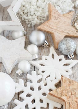 Silver and cream Christmas christmas decorations close up