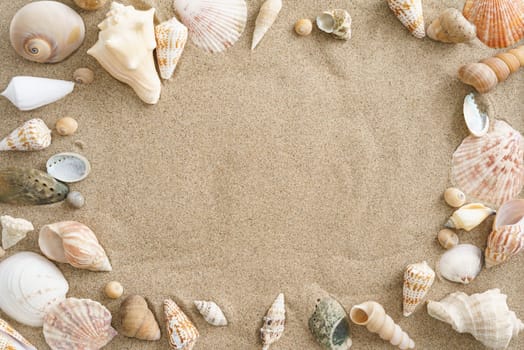 Collection of mussels in the sand with copyspace in the center