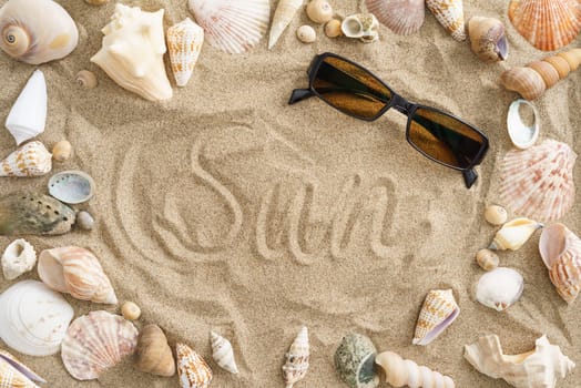 Collection of mussels in the sand with the word sun in the center and sunglasses