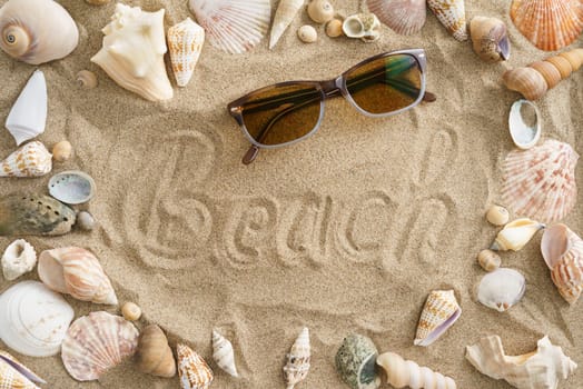 Collection of mussels in the sand with the word beach in the center and sunglasses