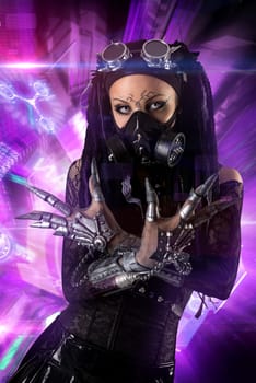 Cyber Gothic girl with rays of light in a dark background