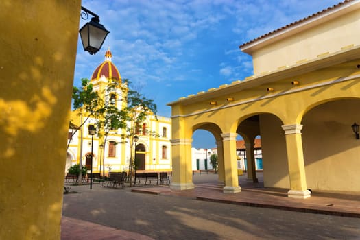 View of beautiful yellow colonial architecture in Mompox, Colombia