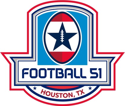 Illustration of an American football ball big game with stars and stripes set inside shield crest with words text Football 51 Houston, TX done in retro style.