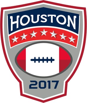Illustration of an American football ball big game with stars and stripes set inside shield crest with words Houston 2017 done in retro style.