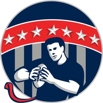 Illustration of a flag football player QB holding ball running set inside circle with stars and stripes in the background done in retro style.