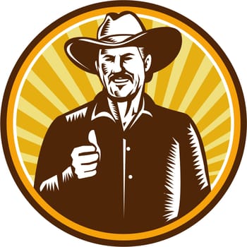 Illustration of a cowboy smiling wearing hat thumbs up facing front set inside circle with sunburst in the background done in retro woodcut style.