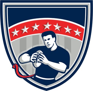 Illustration of a flag football player QB holding ball running viewed from front set inside shield crest with stars and stripes in the background done in retro style.