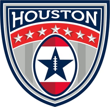 Illustration of an American football ball big game set inside shield crest with stars and stripes and the word Houston done in retro style.