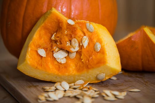 close up on pumpkin slices with seeds