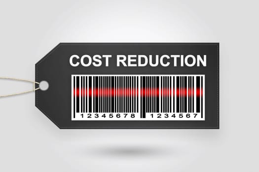 cost reduction price tag with barcode and grey radial gradient background