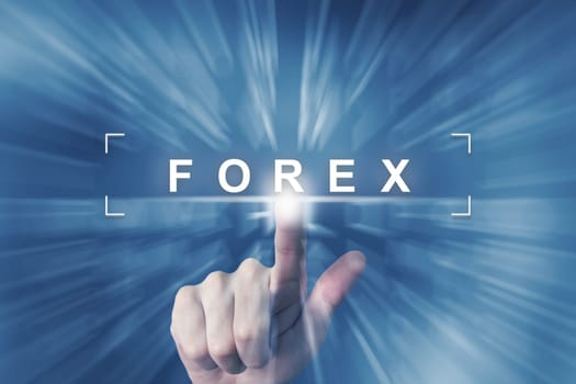hand clicking on forex or foreign exchange button with zoom effect background