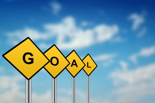 goal on yellow road sign with blurred sky background