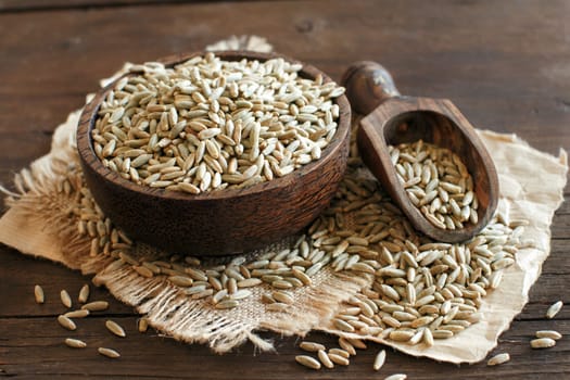 Dry Raw Rye Grain in a bowl with a spoon