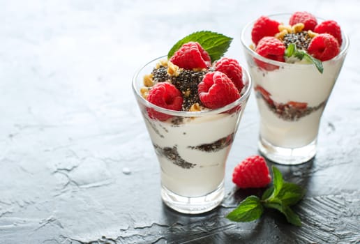 Yogurt with chia seeds, walnuts, mint and raspberries on dark background