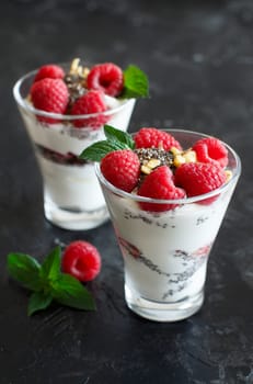 Yogurt with chia seeds, walnuts, mint and raspberries on dark background
